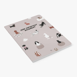 Notebook with dog illustrations and 'Very Important Document' text on a light gray background