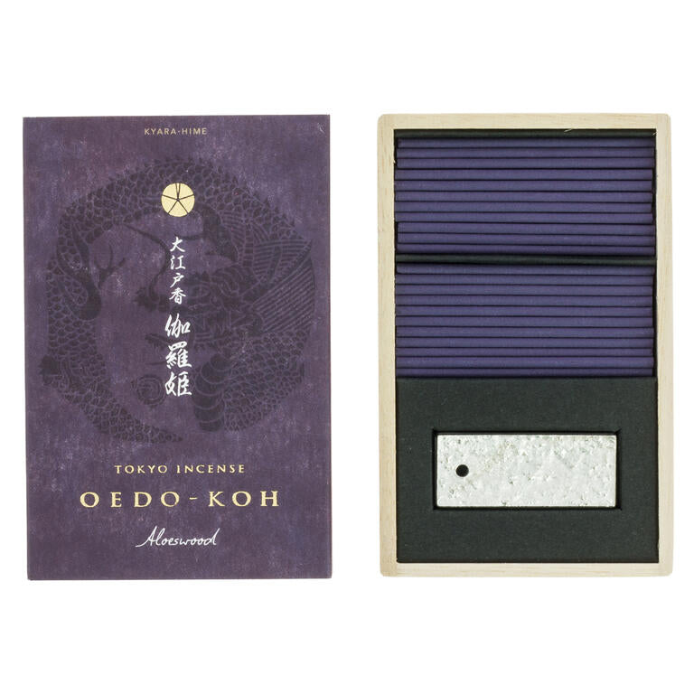 Incense packaging with purple box and black incense sticks on a white background