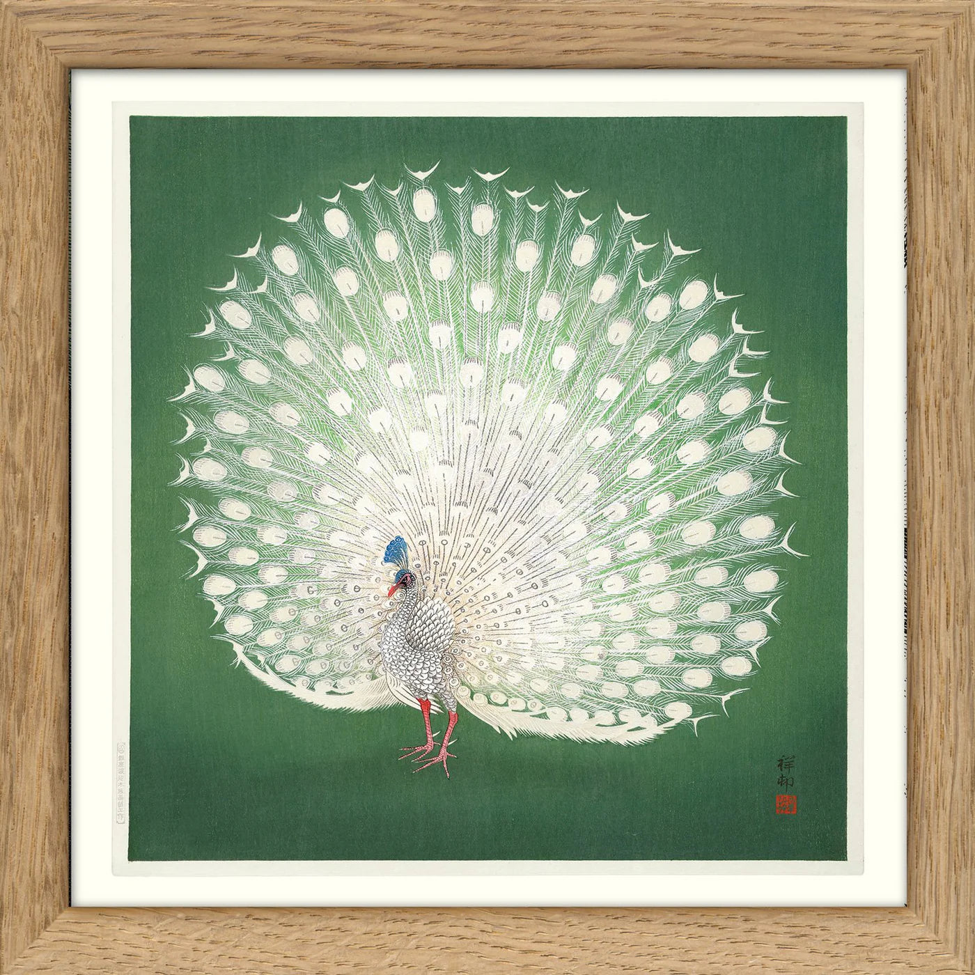 PEACOCK ON GREEN | 15x15cm | OAK FRAME