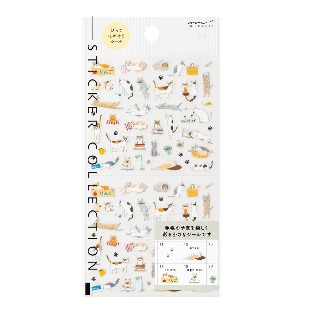 Packaging of a sticker collection with cat illustrations on a white background