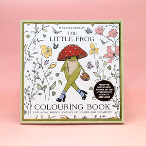 The Little Frog Colouring Book by Maybell Eeqquay, featuring a whimsical frog character under a red mushroom on the cover, set against a soft pink background.