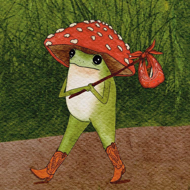 The Little Frog Matching Game set by Maybelline Eeqouay, featuring a pastel illustrated box, a smaller booklet/card, and several matching cards with green frogs and red mushroom caps on a white background.