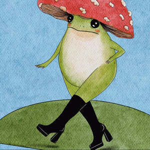 Illustration of a frog wearing a red mushroom hat on a blue background
