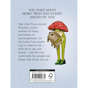 Back cover of a book with a frog and mushroom illustration on a light blue background