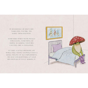 Illustration of a frog with a mushroom hat sitting on a bed, with text about self-care.