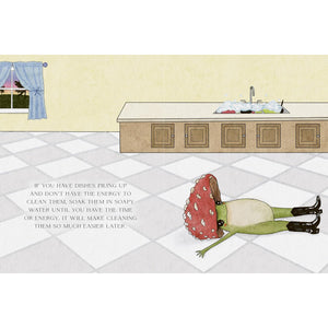 Illustration of a mushroom character lying on the floor in a kitchen with text about dishes.