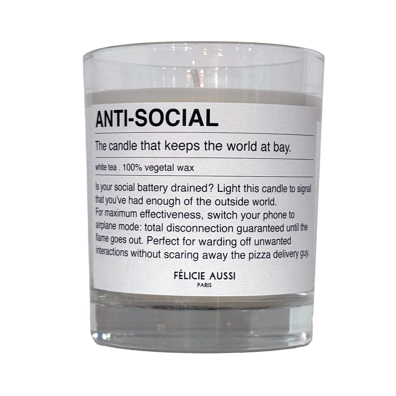 scented candle with the writing "anti-social" and funny description on 