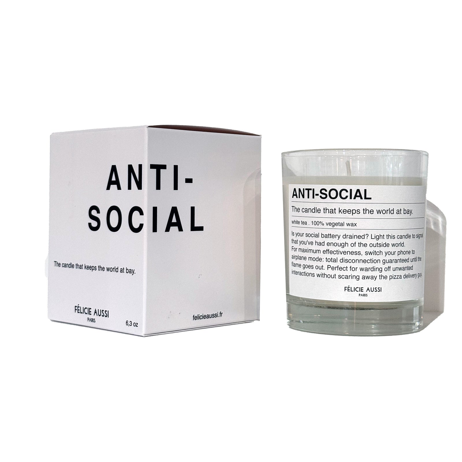 scented candle with the writing "anti-social" and funny description on 