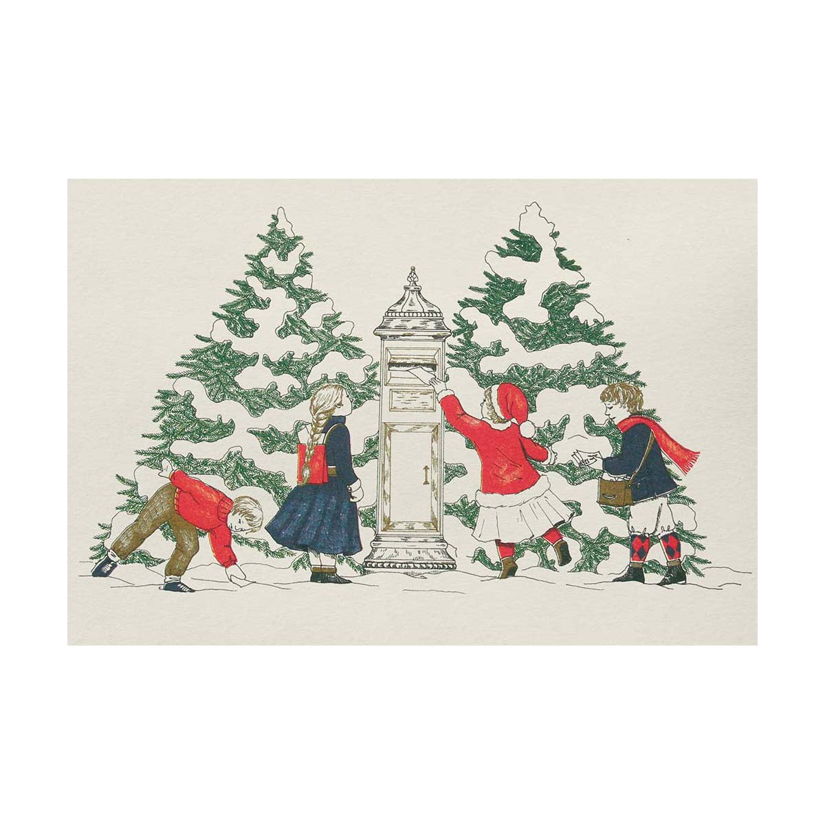 children send xmas letter next to xmas trees, xmas card by original crown mill