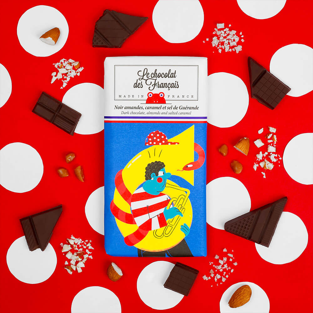 dark chocolate bar with snake and trumpet packaging