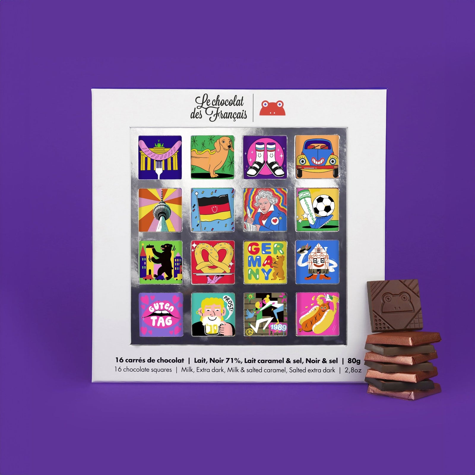 box of 16 chocolate squares germany edition with illustrations of famous places and things