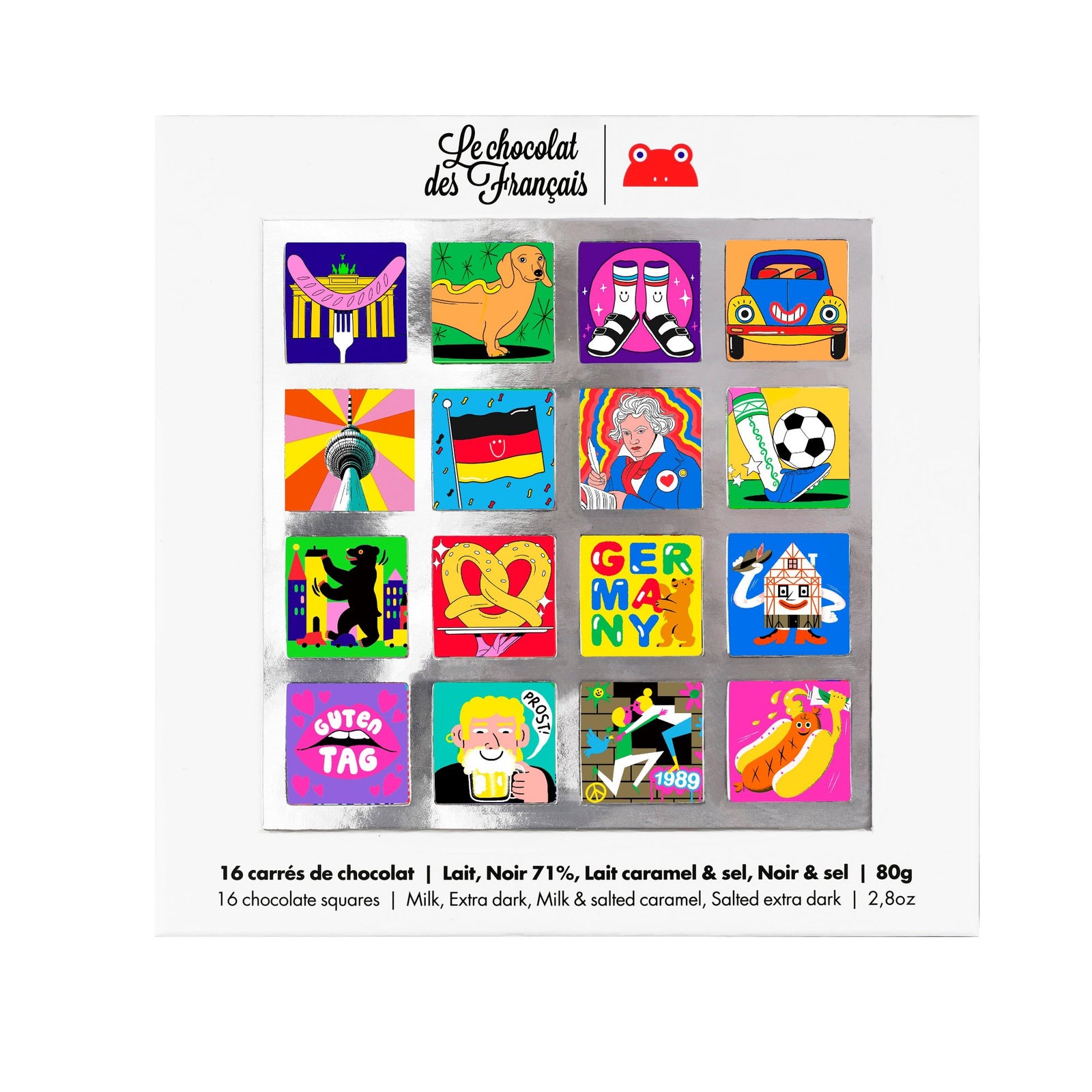 box of 16 chocolate squares germany edition with illustrations of famous places and things