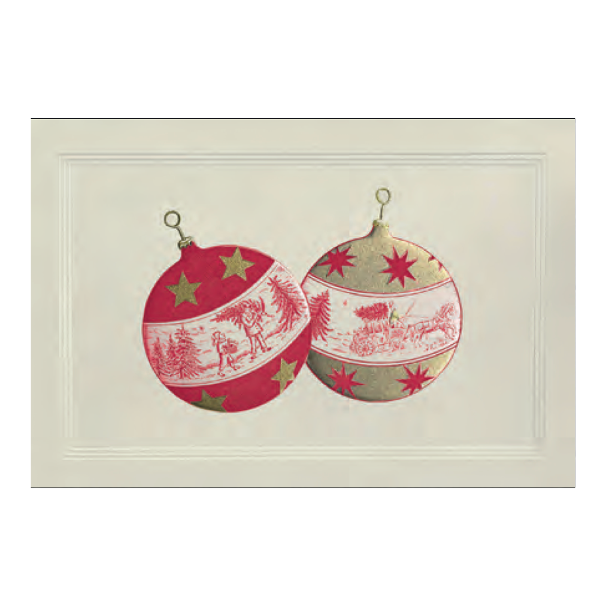 red and gold christmas balls engraved card by original crown mill