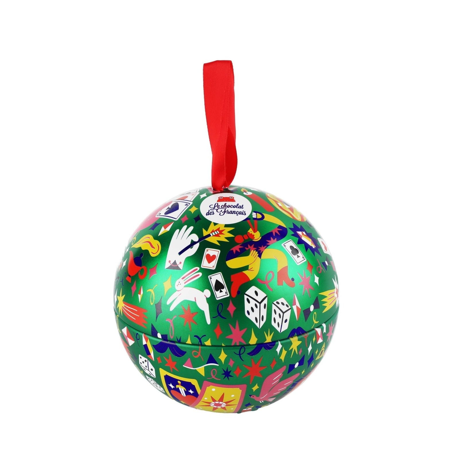Christmas chocolate in metal ball ornament packaging