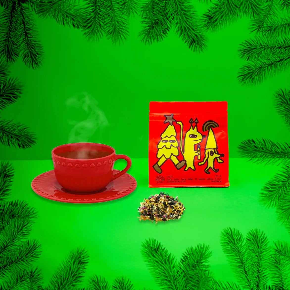 christmas flovour tea with red and yellow illustration packaging