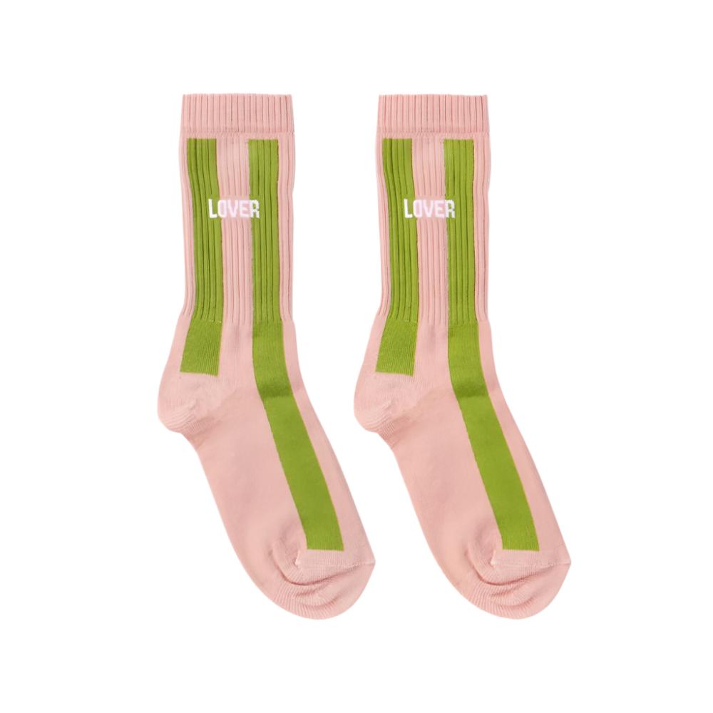 green stripes and pink socks with the word "lover" on