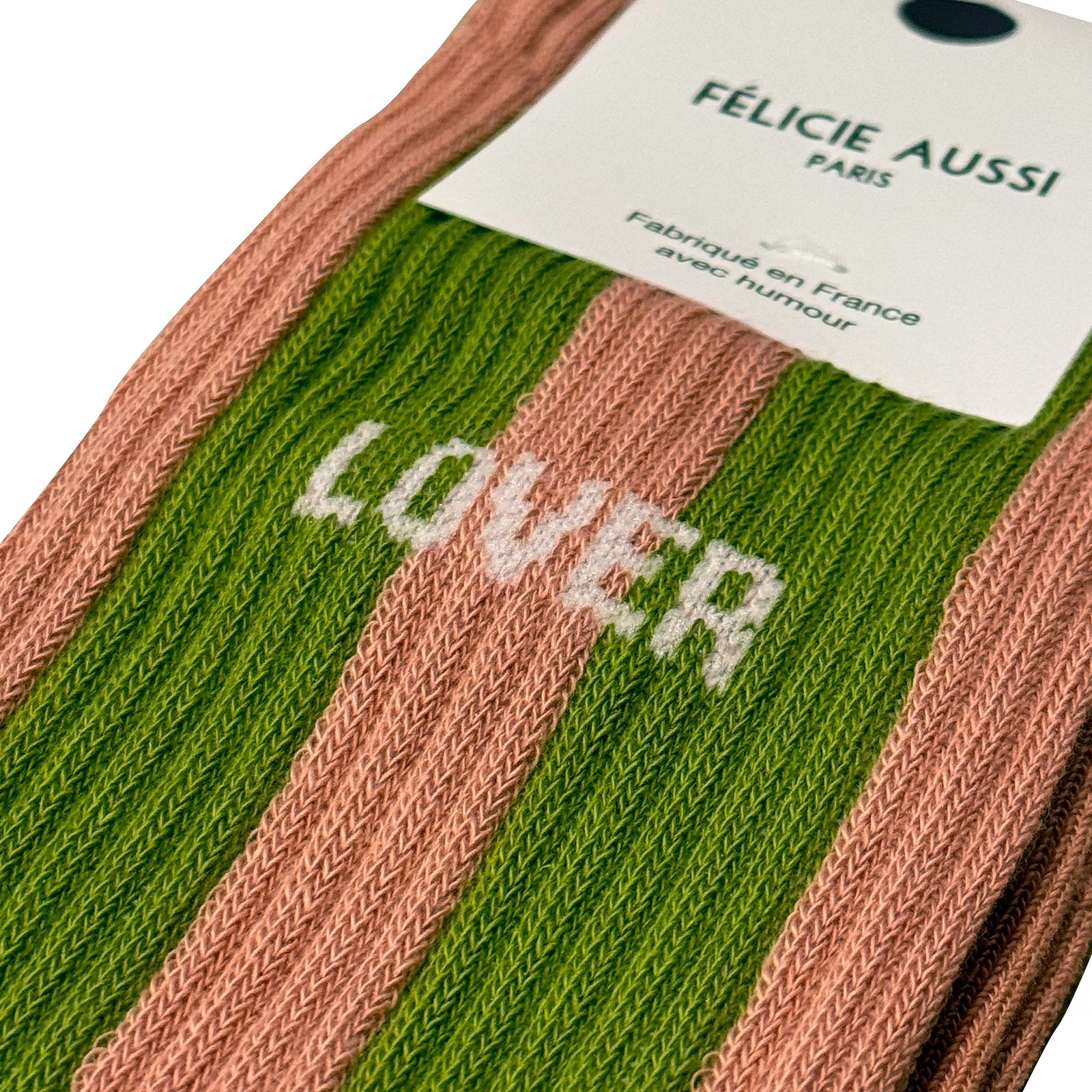 green stripes and pink socks with the word "lover" on