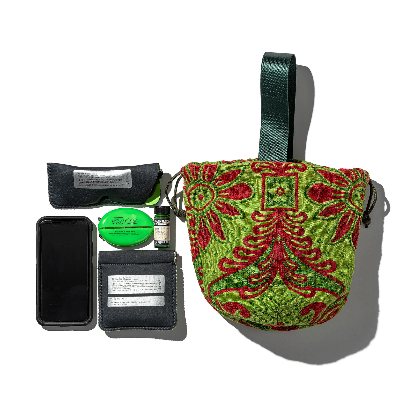 puebco jacquard drawing mini bag with single handle in green and red