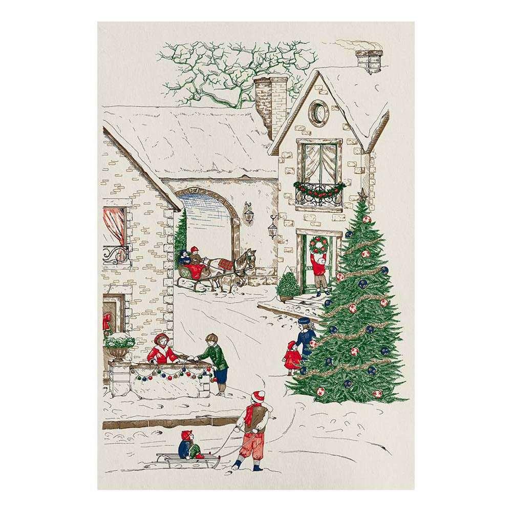 children playing on christmas day in town, christmas card by original crown mill