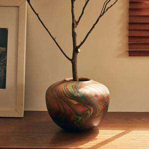 Green Wave Mango Wood Urn Pot