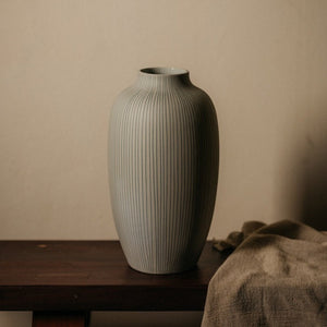 White Tall Urn Vase with Blue Lines