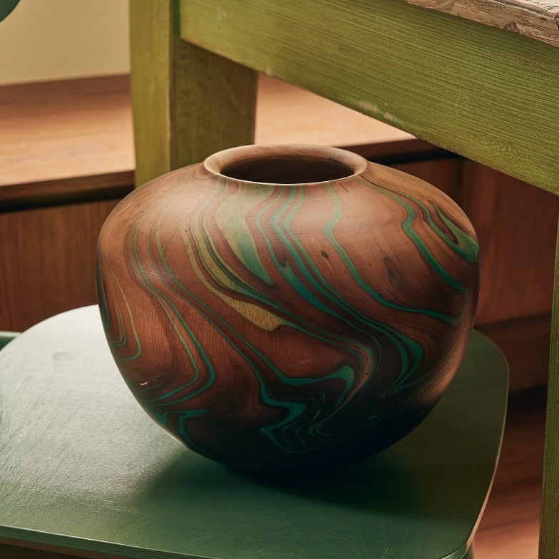 Green Wave Mango Wood Urn Pot