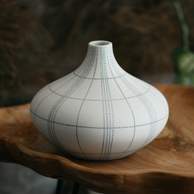White Gourd Vase with Blue Dotted Lines